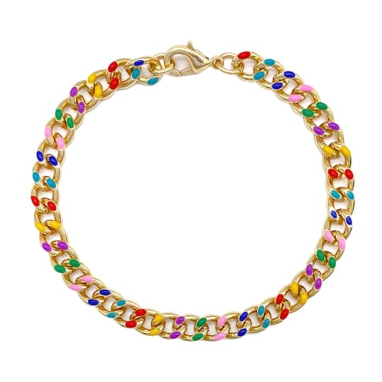 7.5&#x22; Rainbow &#x26; Gold Enamel Curb Charm Bracelet by Bead Landing&#x2122;
